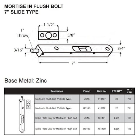 Delaney Hardware MORTISE IN FLUSH BOLT US15 7 in. SLIDE 410107